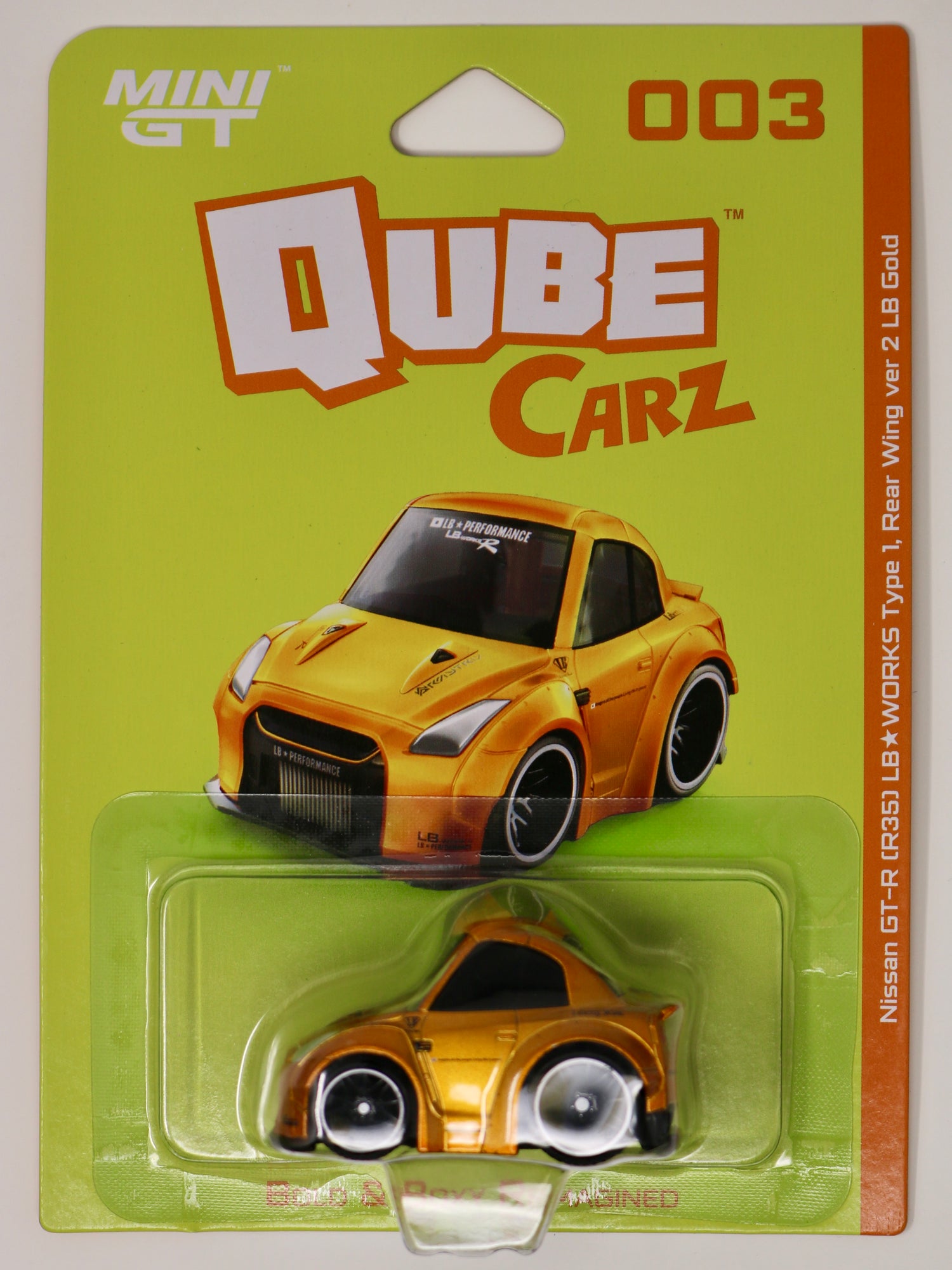 Mini GT | QubeCarz | Series 1 | Liberty Walk | Nissan GT-R (R35) LB WORKS Type 1, Rear Wing ver 2 LB Gold 