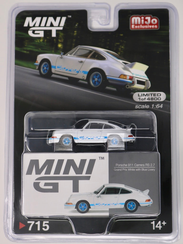 Mini GT | Mijo Exclusives | Porsche 911 Carrera RS 2.7 | Grand Prix White with Blue Livery | 