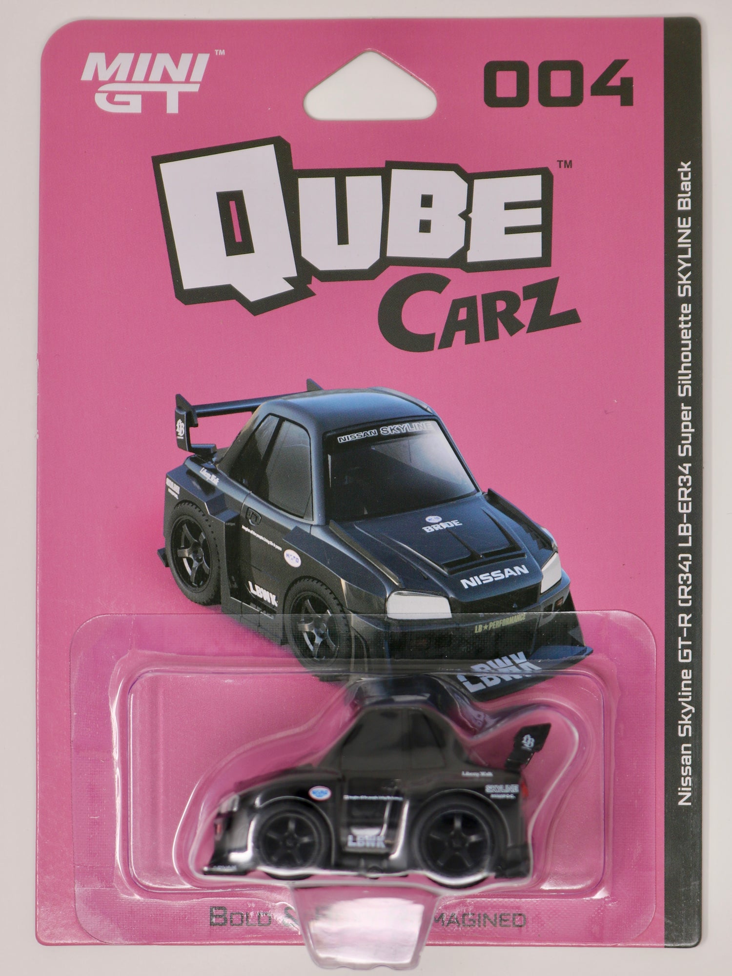 Mini GT | QubeCarz | Series 1 | Liberty Walk | Nissan Skyline GT-R (R34) LB-ER34 Super Silhouette Skyline Black 